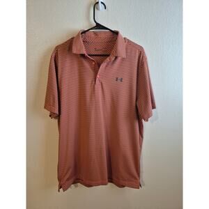 Under Armour HeatGear Polo Shirt Mens Large L Orange Grey Striped Golf Top Loose